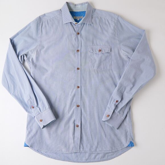 Ted Baker Shirt Mens M blue Plaid Cotton Long Sleeve Button-Up *yellowing - Picture 1 of 13